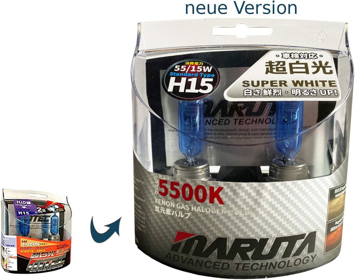 MARUTA SUPER WHITE H15 12V 55/15W Halogenlampe für Fernlicht & Tagfahrlicht, 5500K Xenon-Effekt, lan