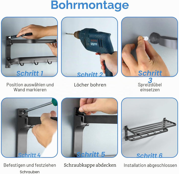 58CM Handtuchhalter Grau, Handtuchhalter Bad aus Aluminium, Wandmontage Bohren Handtuchhalter mit 5