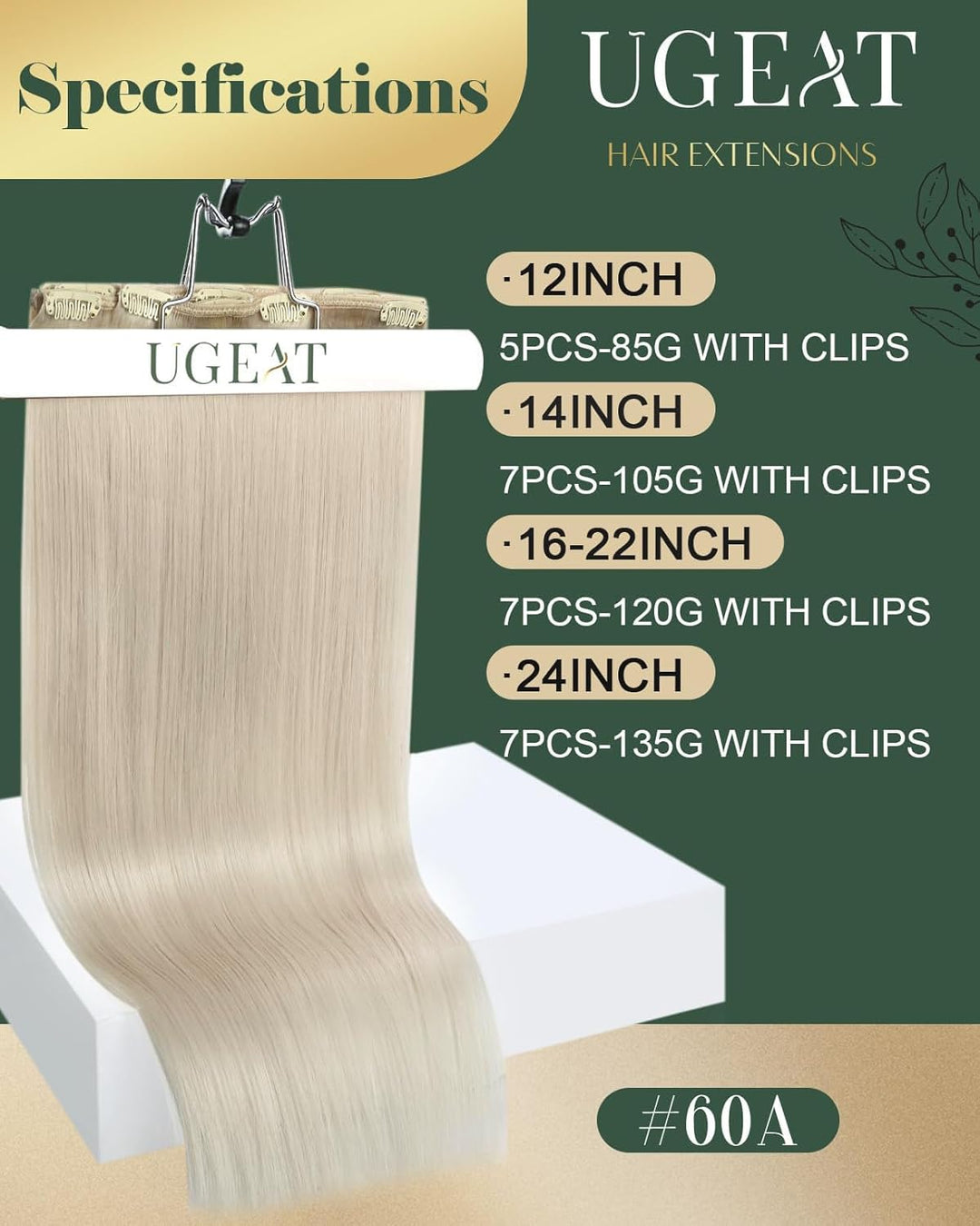 Ugeat Dicke Clip in Extensions Echthaar Weiss Blond 35cm Farbe 60A Extensions Echthaar 105Gramm Komp