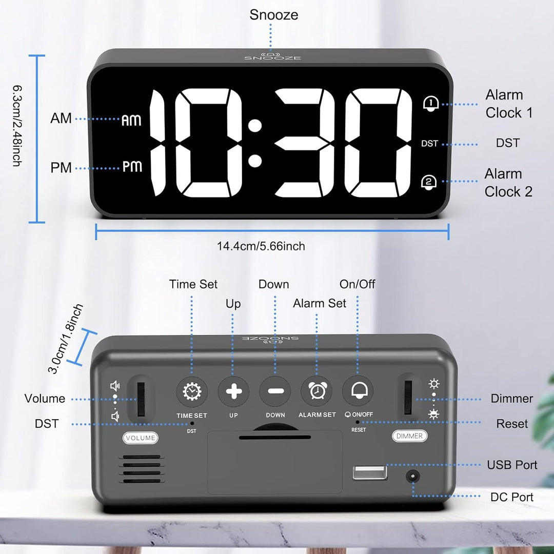 LATEC LED Digitaler Wecker mit 2 Alarme Snooze, Digital Uhr mit USB-Ladeanschluss, 0–100% Helligkeit