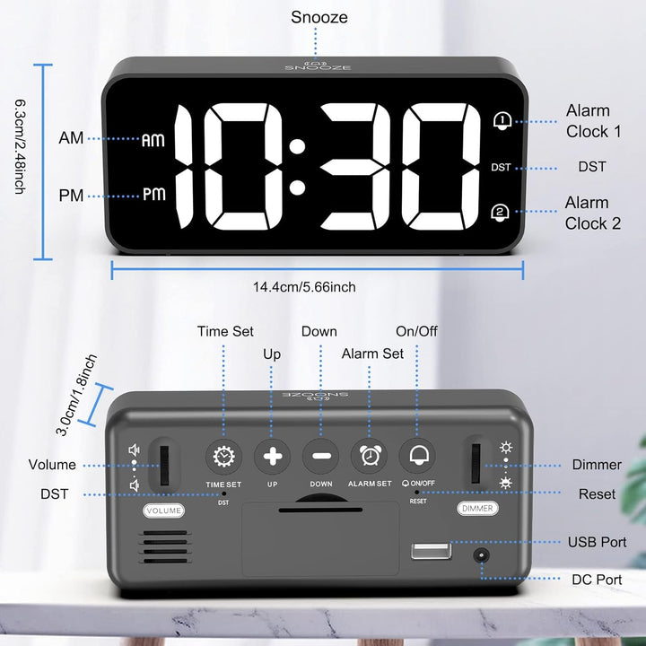 LATEC LED Digitaler Wecker mit 2 Alarme Snooze, Digital Uhr mit USB-Ladeanschluss, 0–100% Helligkeit