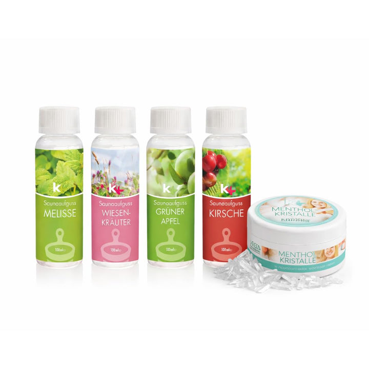 Sauna Set | KK Saunaaufgussset 4 x 100 ml + 50g Mentholkristalle | Saunakonzentrat + Menthol-Kristal