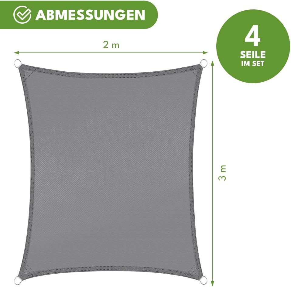 KRUMAD Sonnensegel Rechteckig 3m x 2m, Grau, UV-Schutz, Wasserdicht, Wetterfest, für Garten, Balkon