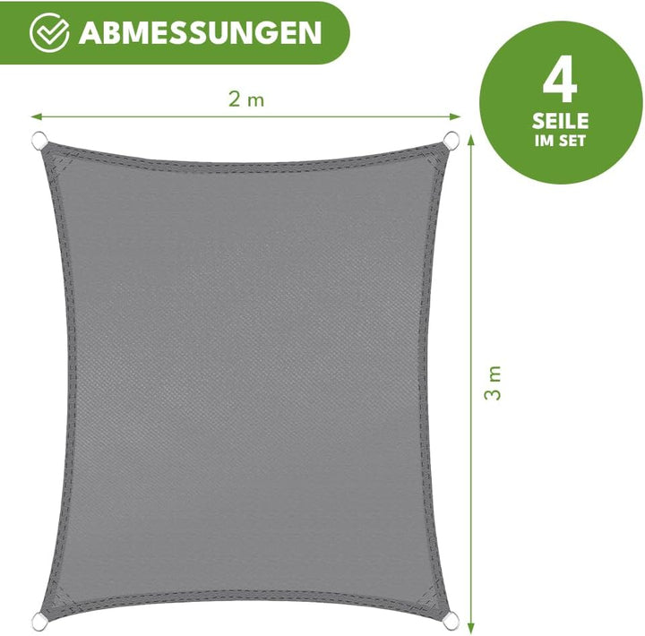 KRUMAD Sonnensegel Rechteckig 3m x 2m, Grau, UV-Schutz, Wasserdicht, Wetterfest, für Garten, Balkon