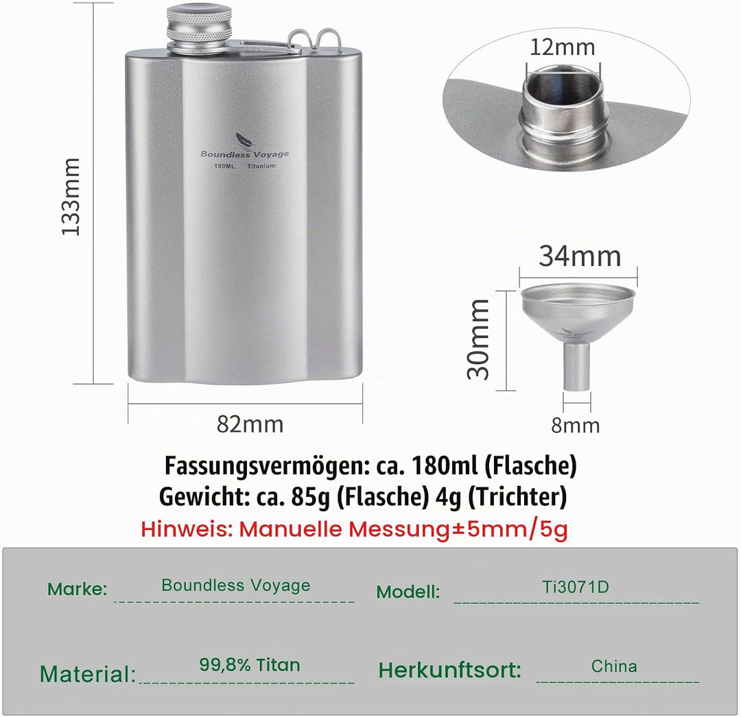 iBasingo Flachmänner aus Titan 180ml Ultraleichter kleiner Flachmann für Spirituosen Tragbare Reise