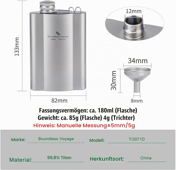 iBasingo Flachmänner aus Titan 180ml Ultraleichter kleiner Flachmann für Spirituosen Tragbare Reise