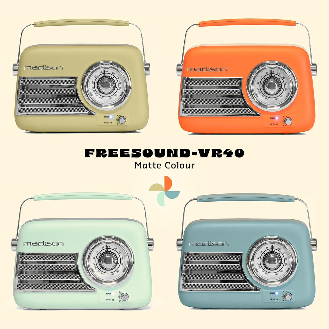 Madison - FREESOUND-VR40GR-MAT - 30W Vintage-Radio mit langem Akku - Bluetooth, USB & FM - Blassgrün