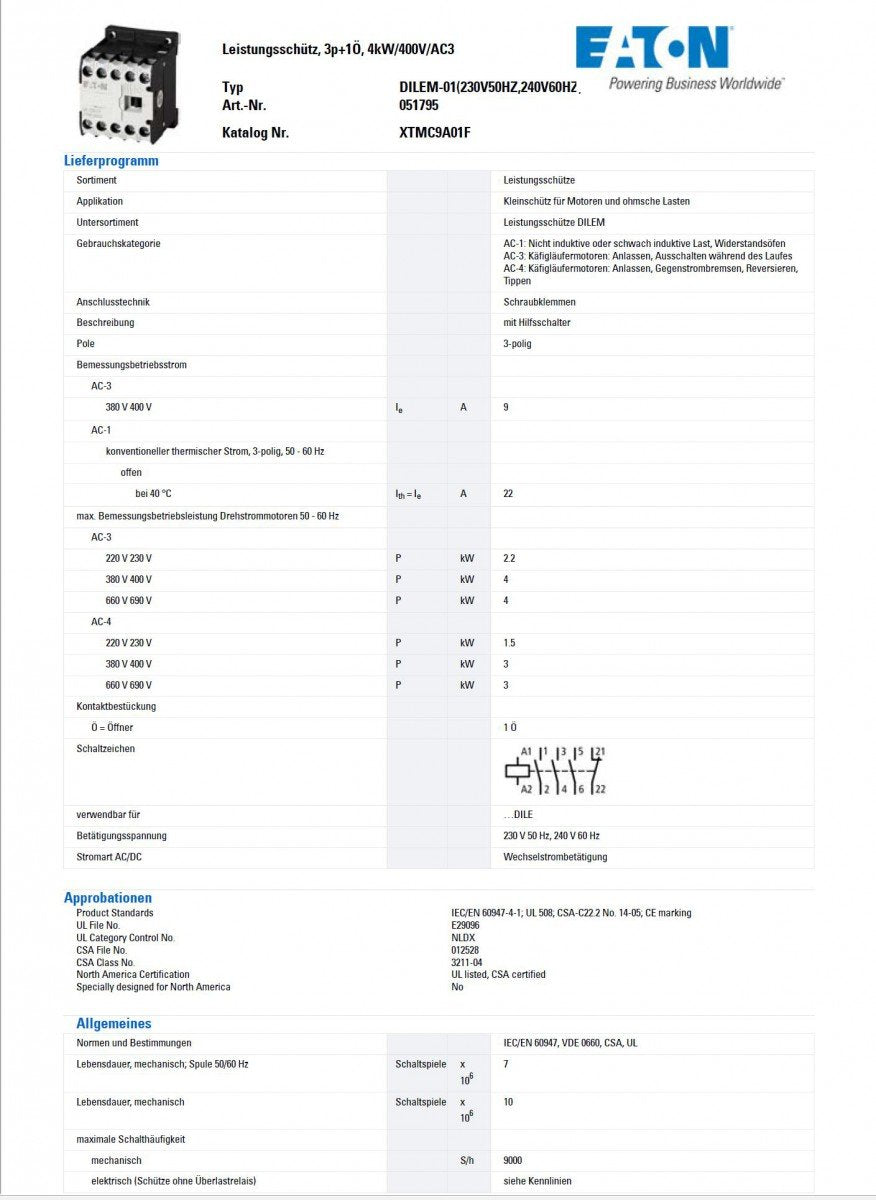 Eaton DILEM-01(230V50HZ,240V60HZ) Schuetz 3 Schliesser 4kW 230 V/AC 9A 1St.