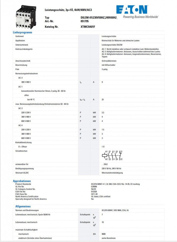 Eaton DILEM-01(230V50HZ,240V60HZ) Schuetz 3 Schliesser 4kW 230 V/AC 9A 1St.