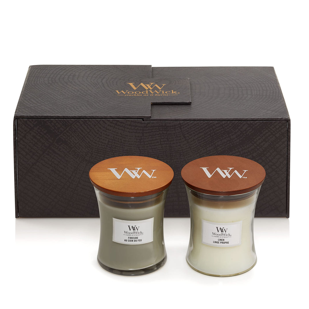 WoodWick Duftkerzen-Geschenkset | Fireside & Linen, Duftkerze im Sanduhrglas mit knisternden Dochten