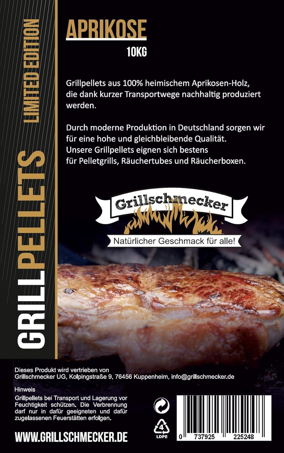 Grillpellets - 10 kg aus Aprikosenholz -Natürliches Holzaroma für Grill, Pelletofen & Smoker