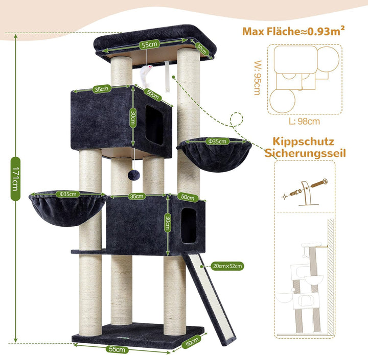 Globlazer Kratzbaum Dicke Stämme 11CM für Grosse Katzen mit 2 Extragross Katzenhaus 50*35*30cm, Ausr