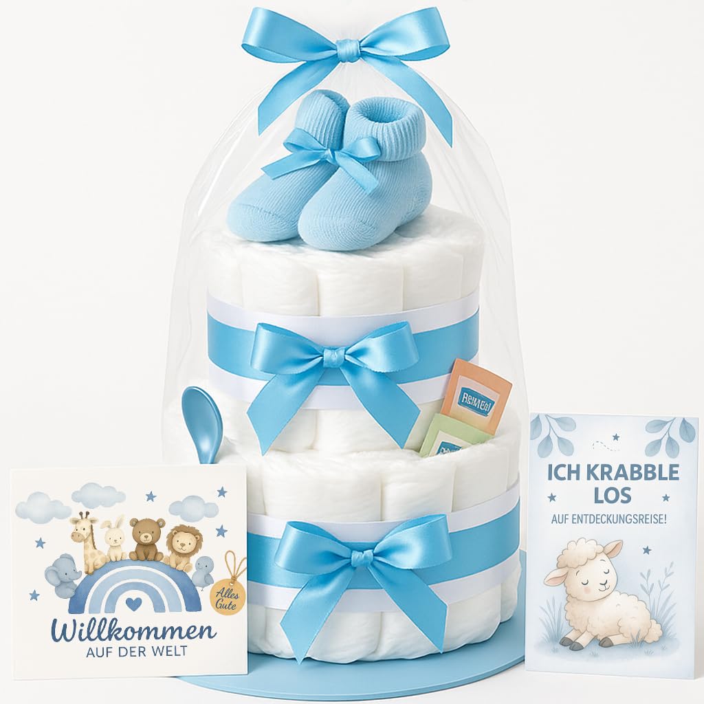 Windeltorte Junge 2 stöckig in Blau mit Babysocken, Geschenke zur Geburt für die Mutter, Taufe oder