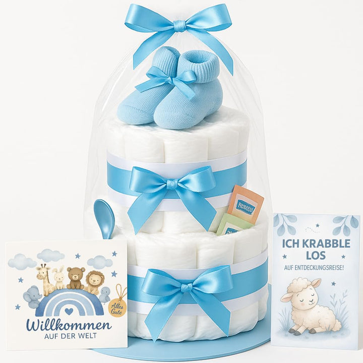 Windeltorte Junge 2 stöckig in Blau mit Babysocken, Geschenke zur Geburt für die Mutter, Taufe oder