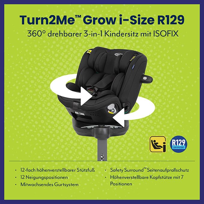 Graco Turn2Me™ Grow i-Size R129, 360° drehbarer Reboarder mit ISOFIX, Autositz bis ca. 7 Jahre (40-1
