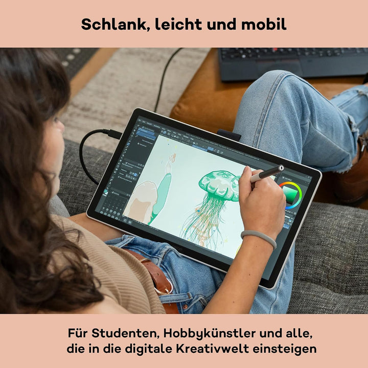 Wacom One 14 Grafiktablett mit Display – 14,0″ Full HD Zeichentablett mit Stift ohne Batterie, entsp