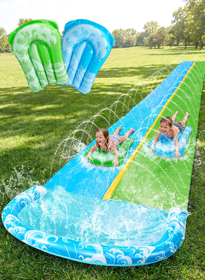 JOYIN 32,5ft/990.6cm Wasserrutsche und 2 aufblasbare Boards, extra Lange Doppel-Garten-Wasserrutsche
