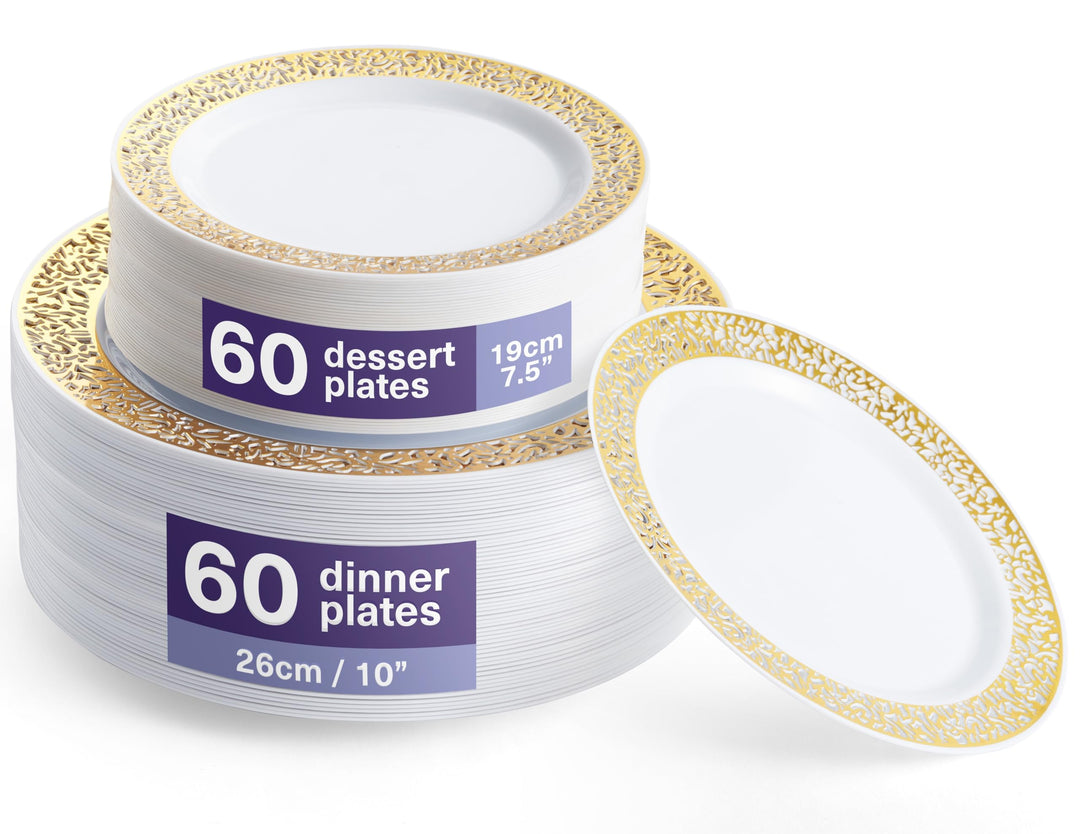 MATANA 120 Premium Weisse Plastikteller mit Goldrand, 26 &amp; 19cm - Mehrweg Kunststoffteller, Partytel