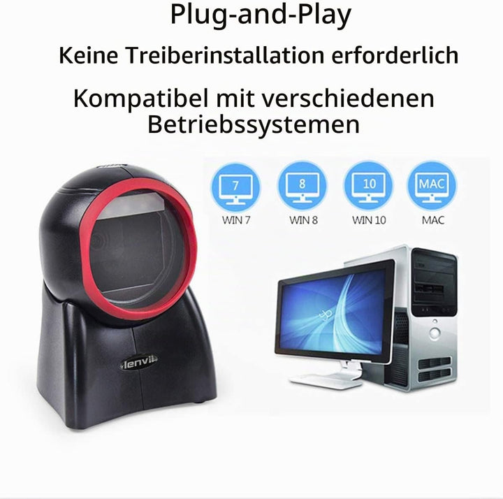 LENVII Omnidirektionaler Freisprech QR Code lesegerät, Desktop Barcode Scanner 1D/2D/QR Code Scanner