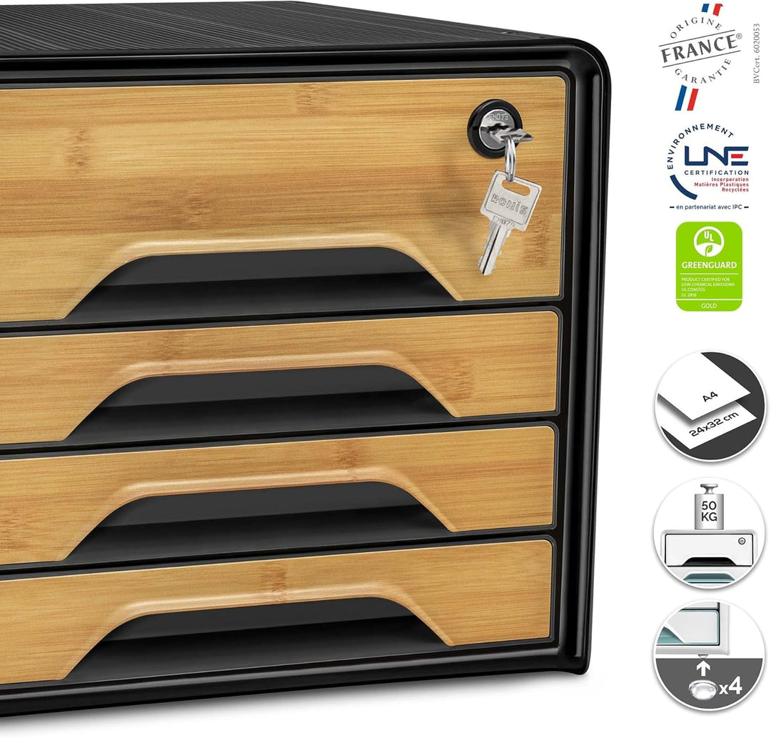 CEP Schubladenbox Secure mit 4 Schubladen und Zylinderschloss Smoove Silva Schwarz / Bambus, Schwarz