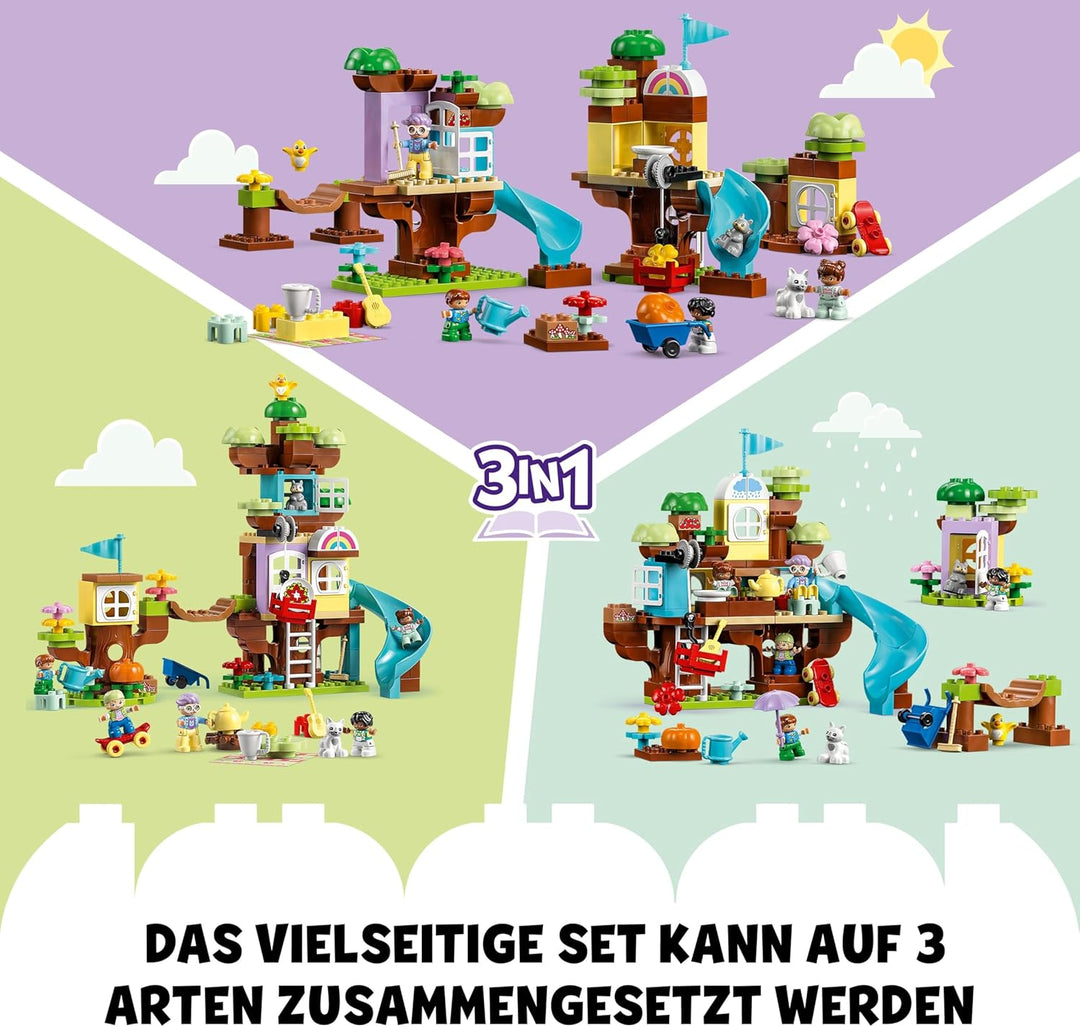 LEGO DUPLO 3-in-1 Baumhaus Spielzeug für Kleinkinder ab 3 Jahren, Mädchen und Jungen mit 4 Figuren,