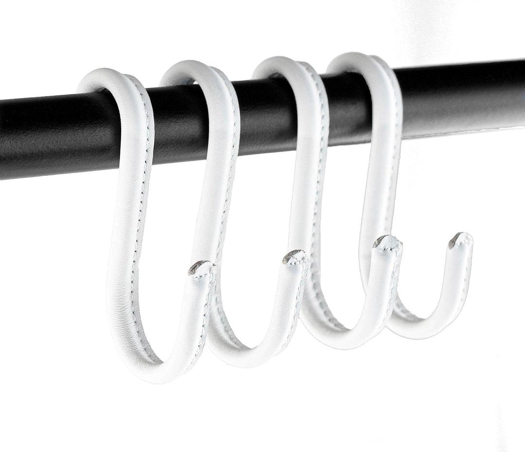 Brute Strength - S-Haken mit Vollnarbenleder umwickelt - 4 Stück - Weiss mit weissen Nähten - 10 cm