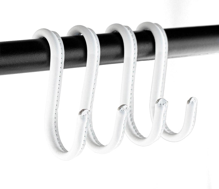 Brute Strength - S-Haken mit Vollnarbenleder umwickelt - 4 Stück - Weiss mit weissen Nähten - 10 cm
