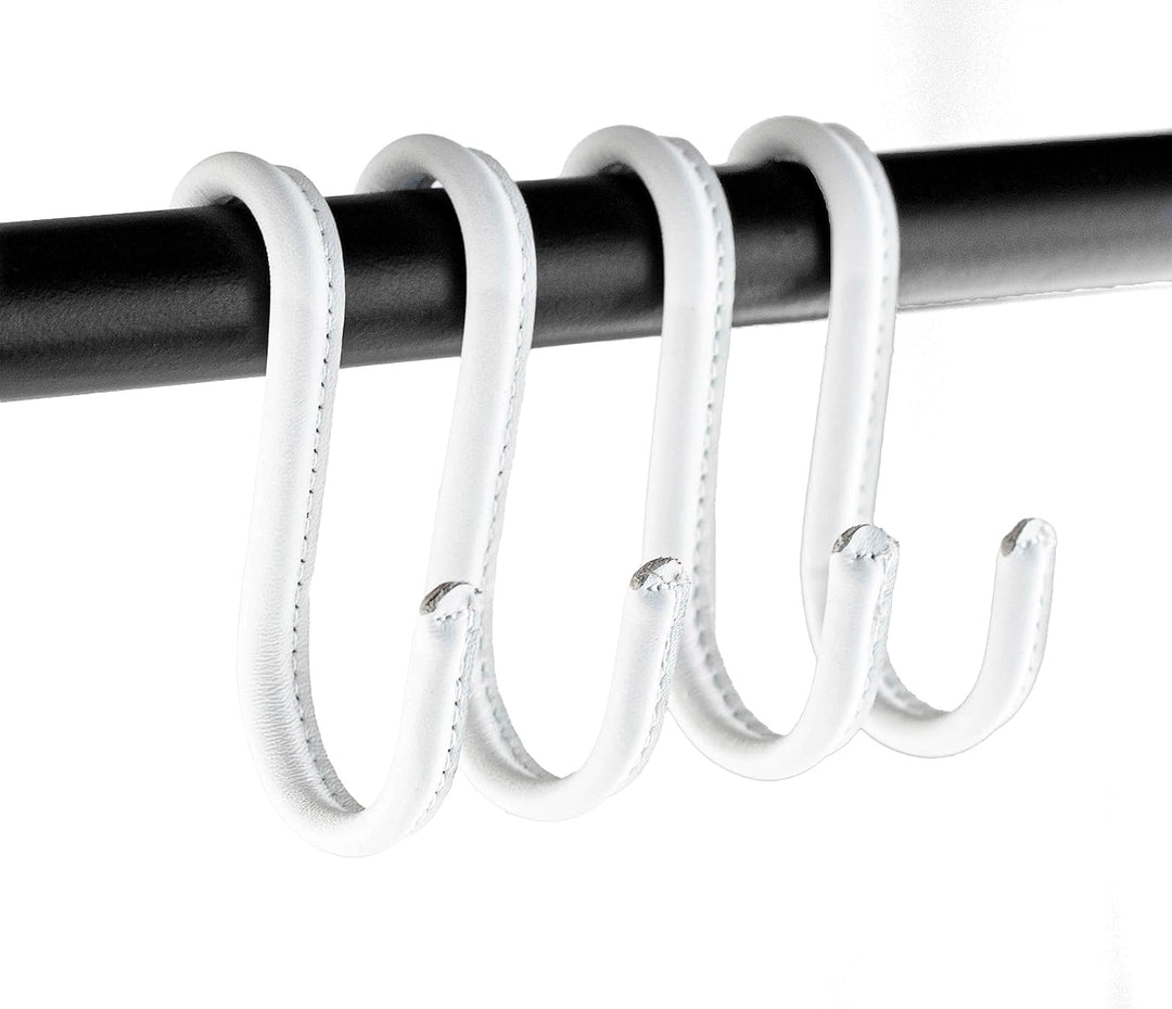 Brute Strength - S-Haken mit Vollnarbenleder umwickelt - 4 Stück - Weiss mit weissen Nähten - 10 cm