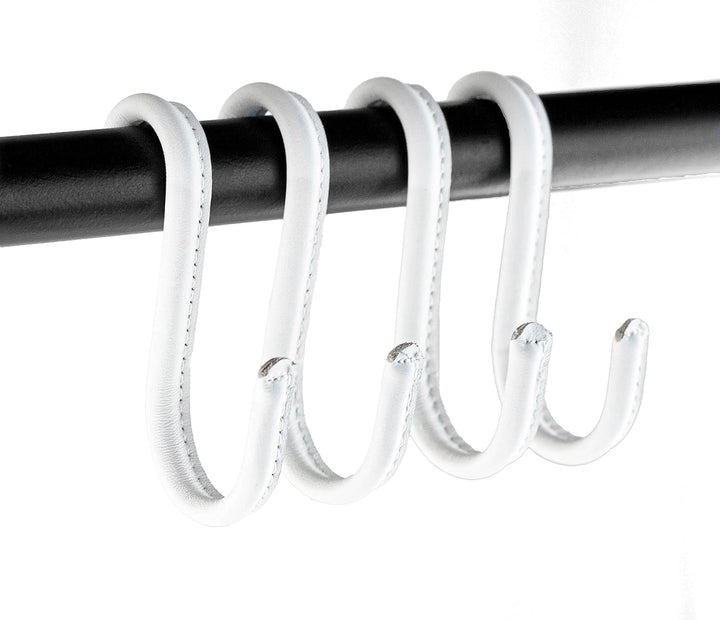 Brute Strength - S-Haken mit Vollnarbenleder umwickelt - 4 Stück - Weiss mit weissen Nähten - 10 cm