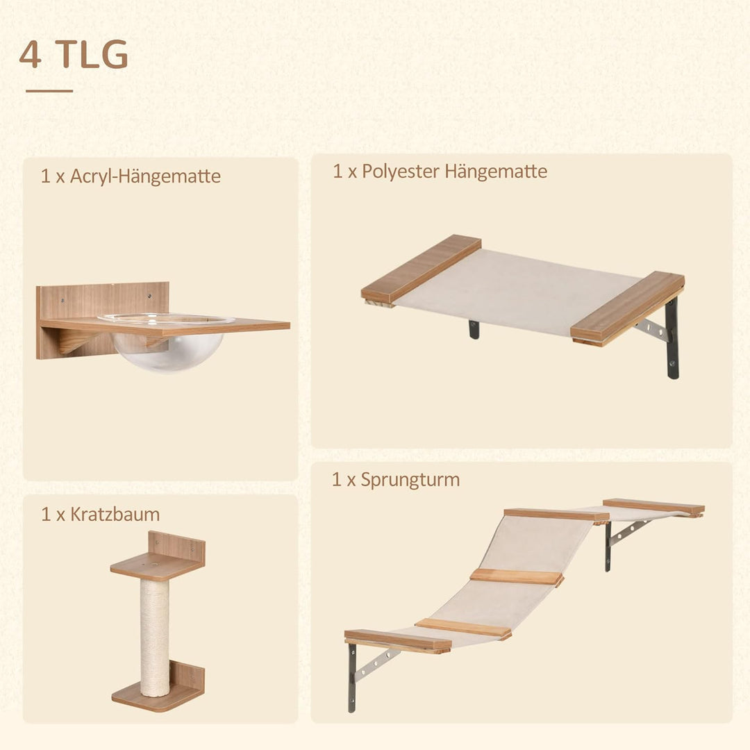 PawHut Kletterwand Katzen, 4-teilig Katzenkletterwand Set Katzen Wandelemente mit Kratzbaum Hängemat