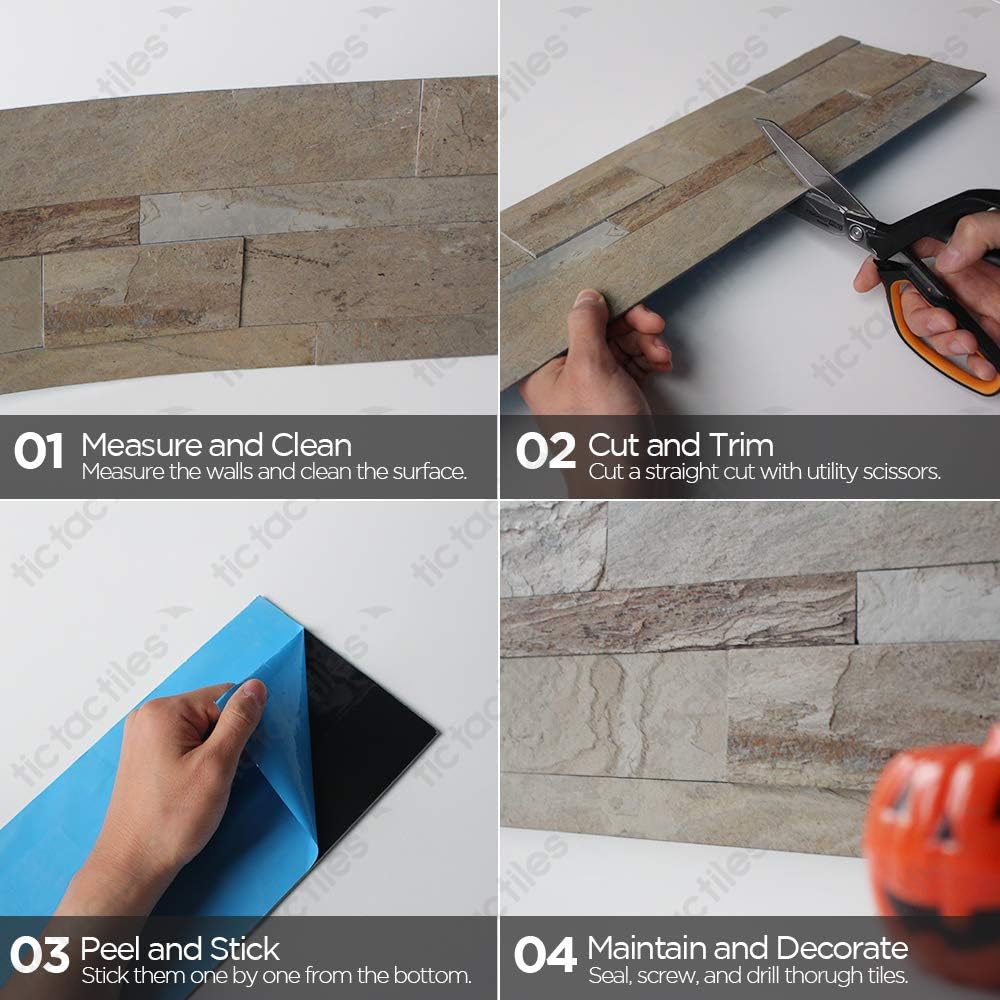 Tic Tac Tiles 60 x 15cm, 4 stück Naturstein Steinwand Geprägt 3D Wandpaneele Selbstklebend Premium S