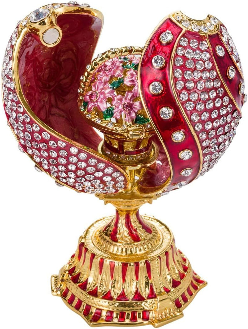 Danila-Souvenirs Fabergé-Stil verdrehtes Ei mit Korb der Blumen 12 cm rot