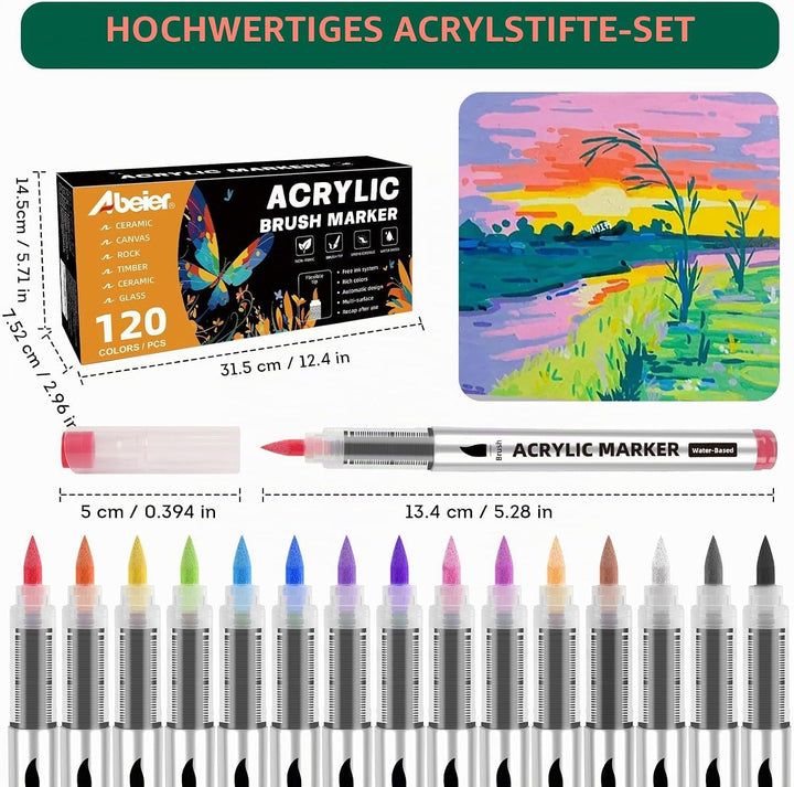 ABEIER 120 Farben Acrylstifte für Steine Wasserfest Brush Tip Acrylic Pens Set, Acrylmarker Schnellt