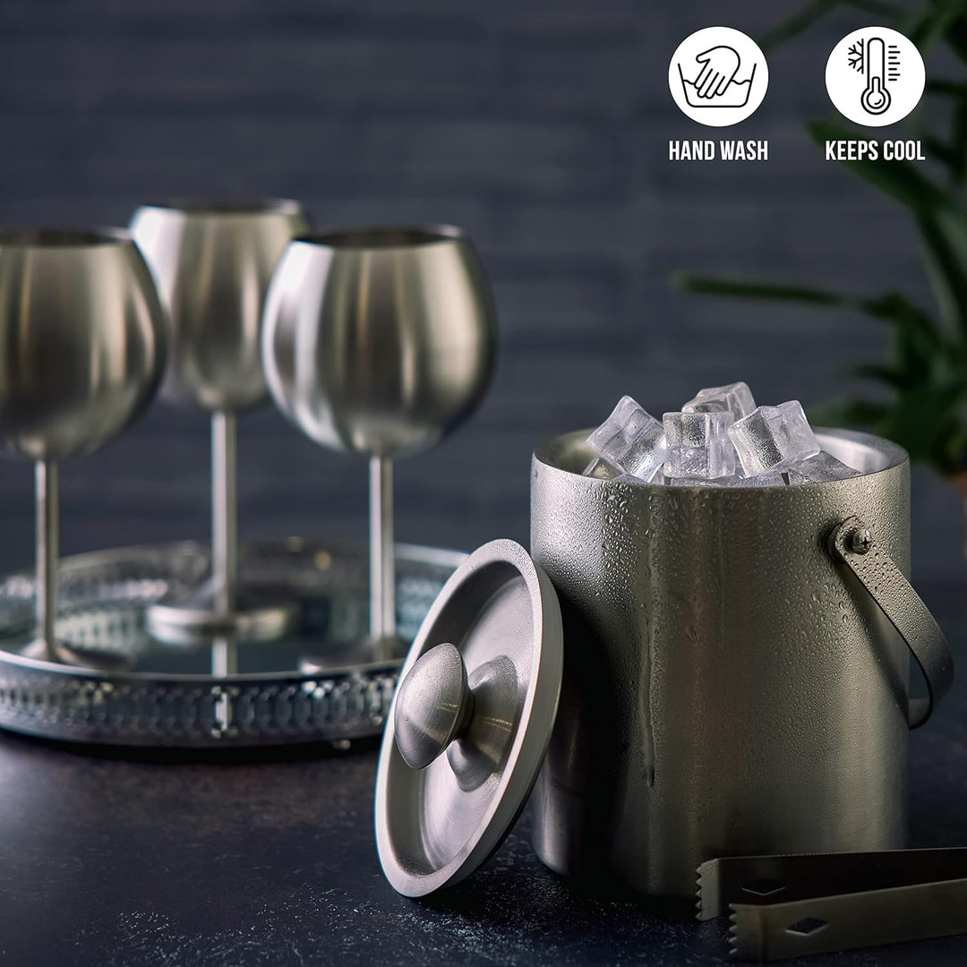 Oak & Steel - Doppelwandiger Edelstahl-Eiskübel mit Deckel und Zange (gross 2L) - Eleganter Eiskübel