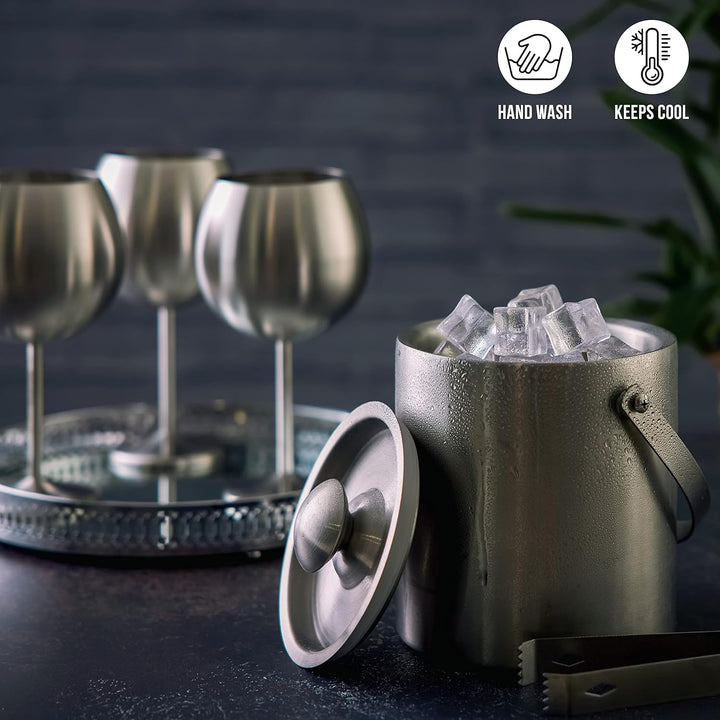Oak & Steel - Doppelwandiger Edelstahl-Eiskübel mit Deckel und Zange (gross 2L) - Eleganter Eiskübel