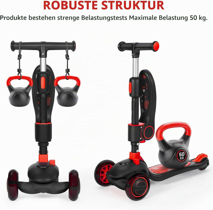 Kinderroller mit 360° drehbarem Sitz, stufenlose Höhenverstellung, Scooter mit LED-Rädern, Faltbarer