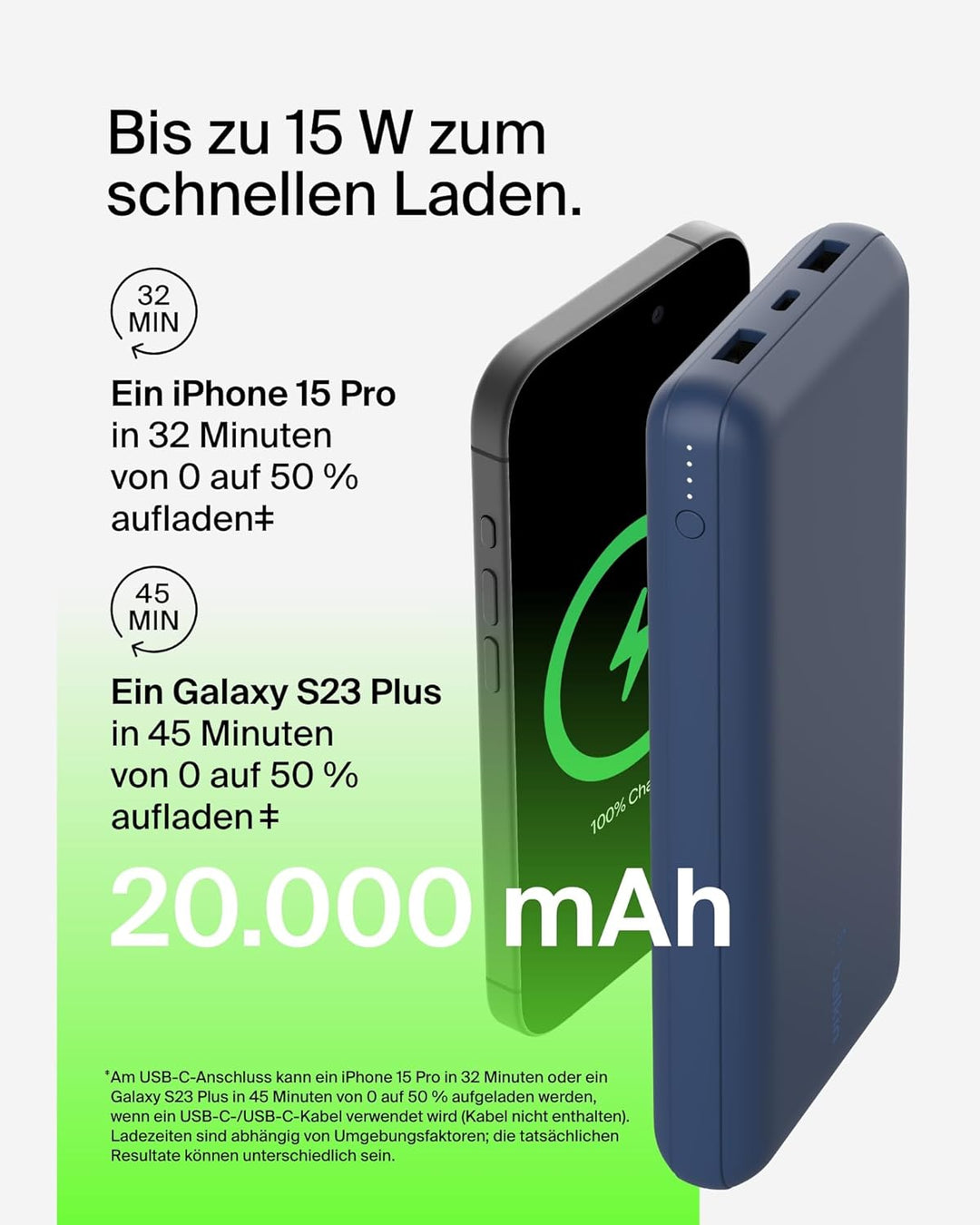 Belkin tragbares USB-C-Ladegerät, 20.000 mAh, 20K Powerbank mit USB-C-Ein-/Ausgang und 2 USB-A-Ansch