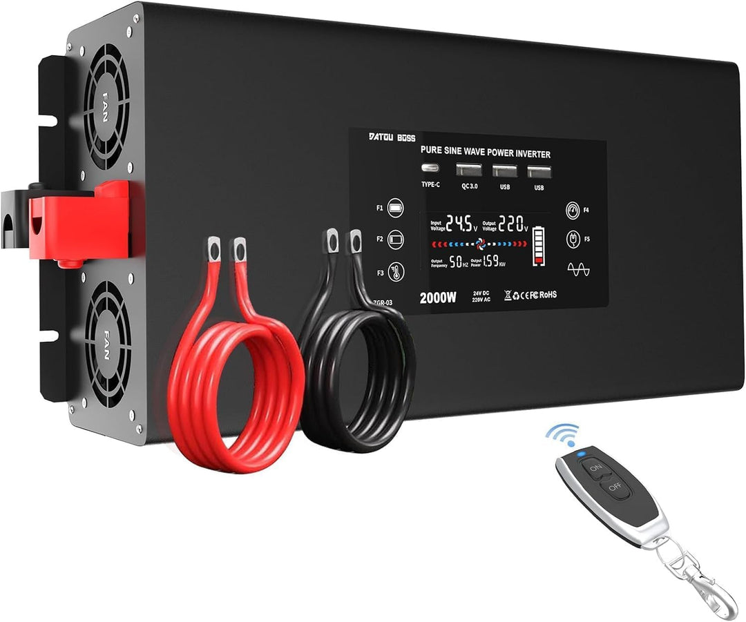DATOUBOSS Wechselrichter 24V auf 230V Reiner Sinus 2000w Spannungswandler mit 3×USB Ports, 2×EU-Stec
