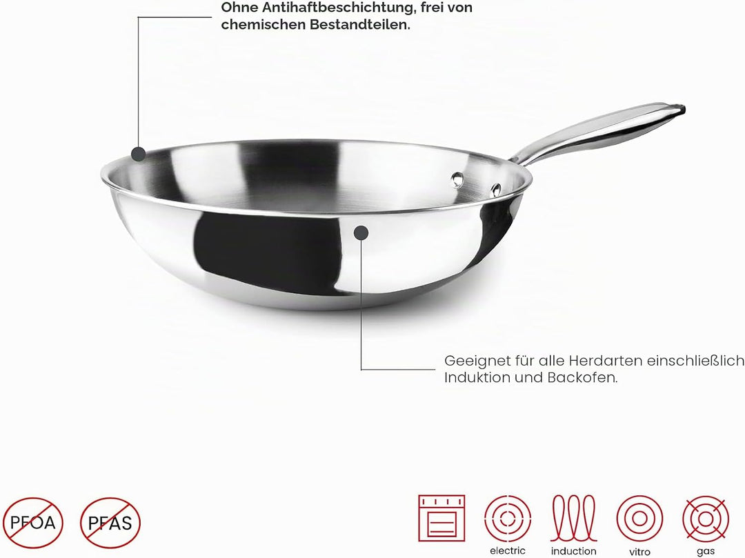 IBILI Triply Natural Wok 30 cm, Edelstahl, induktionsgeeignet, ohne Antihaftbeschichtung