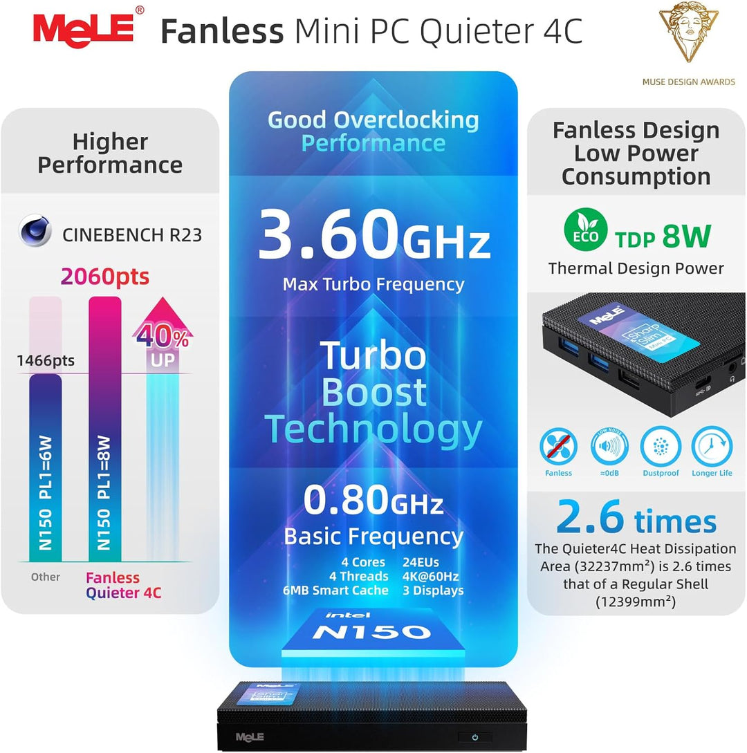 MeLE Fanless Mini PC Quieter 4C N150 16GB RAM 512GB Speicher, Leiser und Schlanker Computer für IoT,