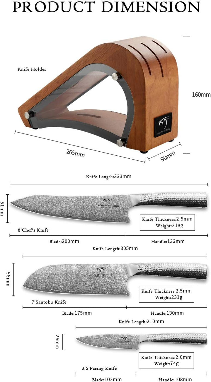 Damaskus Küchenmesser Set, Messerblocksets mit Kochmesser, Santoku Messer und Schälmesser, Professio
