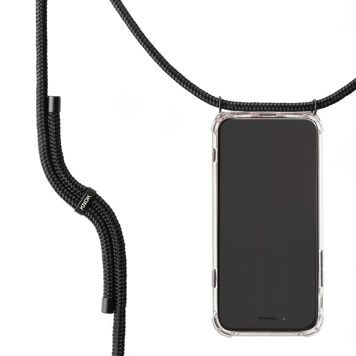 KNOK Premium Handykette für Apple iPhone 16, All-Black, transparent | Silikonhülle mit fest verbunde