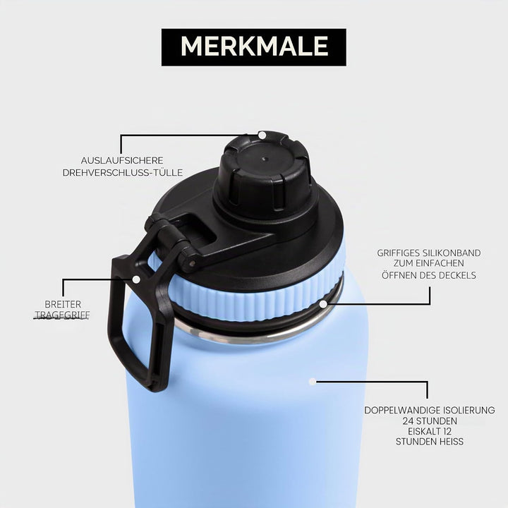 BOZ Isolierte Edelstahl-Wasserflasche mit breiter Öffnung, BPA-frei, doppelwandig, hellblau, Hellbla