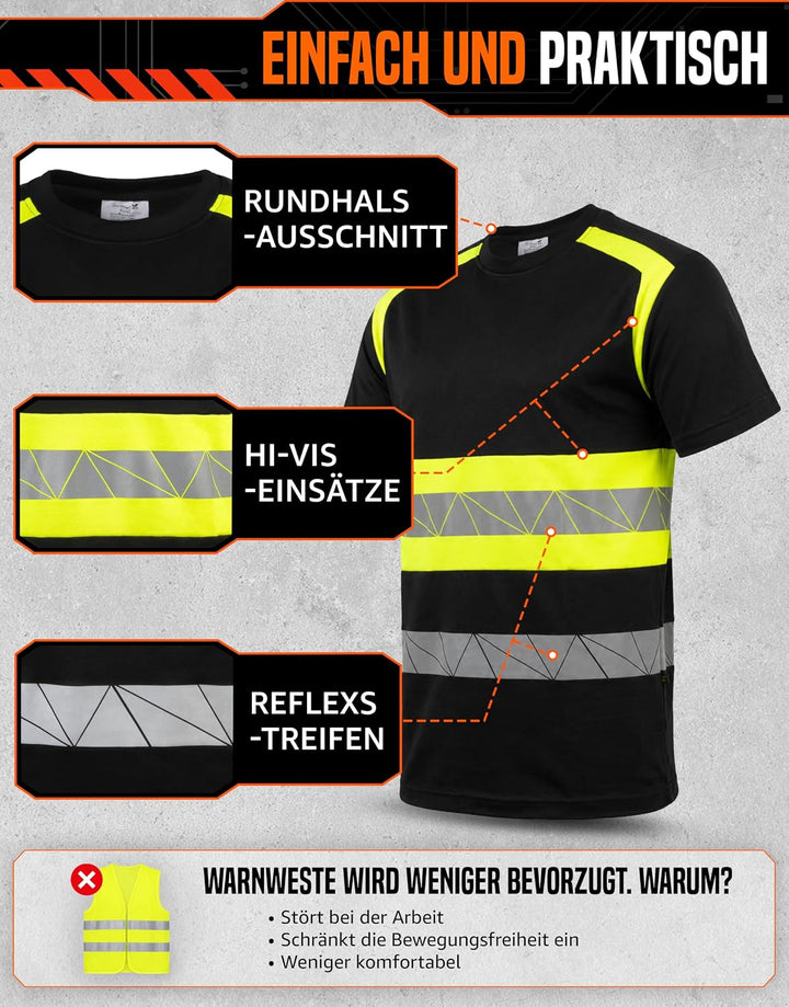 Warnschutz T-Shirt - Atmungsaktiv mit Reflexstreifen und Baumwolle - Warn Tshirt M Schwarz Neongelb,
