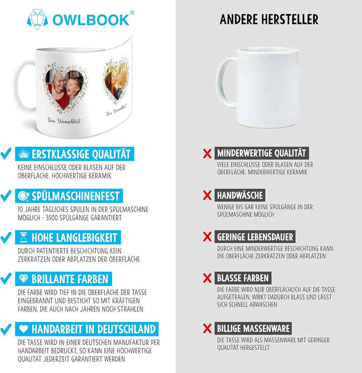 OWLBOOK® Personalisierte Tasse mit 2 Fotos & Spruch selbst gestalten | Fototasse mit eigenem Bild &