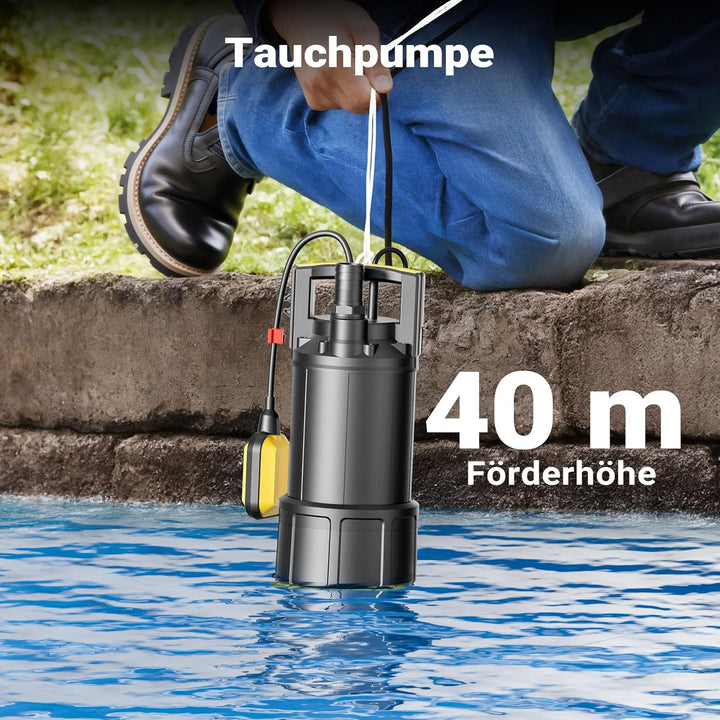 Wiltec Tauchpumpe mit Schwimmerschalter 1200 W, Tiefbrunnenpumpe bis 7 m Tiefe, Brunnenpumpe 40 m Fö