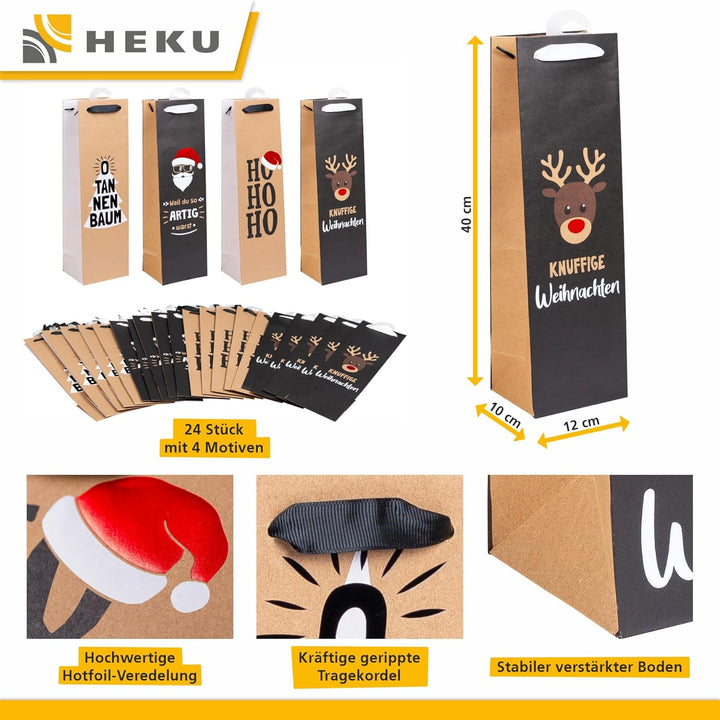 HEKU Weihnachts-Flaschentaschen mit Hotfoil-Veredelung und Prägung, 24 Stück I X-mas Nature Trend mi