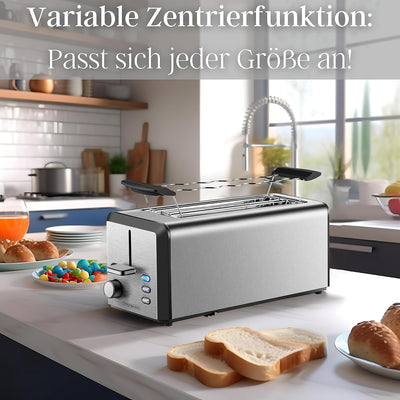 Toaster Langschlitz | 4 Scheiben Toastautomat | XXL | 1500 Watt | 6-Stufen Bräuneregler | Brötchenau