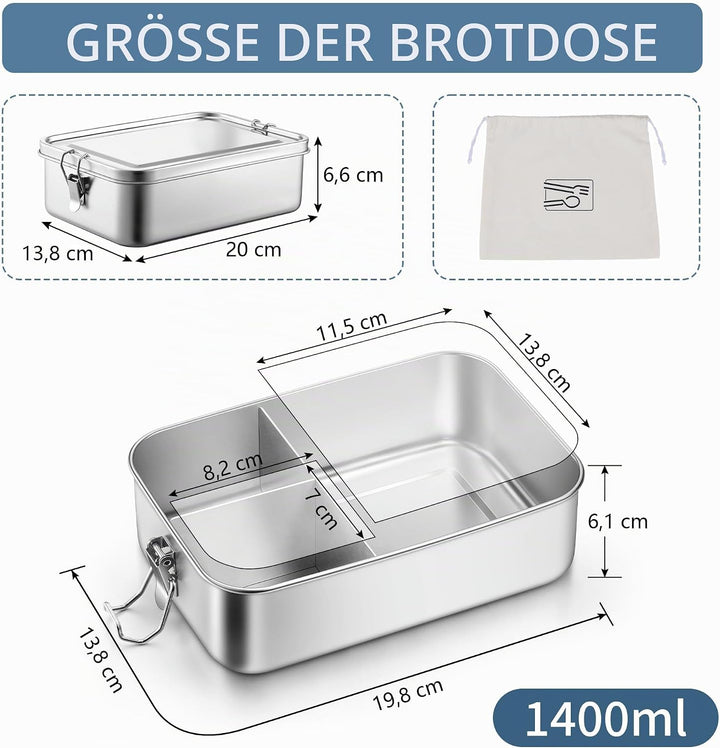 Homikit Brotdose mit Fächern, Edelstahl Bento Box Lunchbox mit Tasche, 1400ml Lunch Box für Kinder &amp;