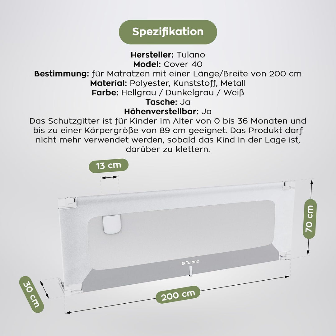 TULANO Cover 40, Bettgitter Kinderbett, Sicherheitsgitter Absenkfunktion, 18-Fach höhenverstellbar,